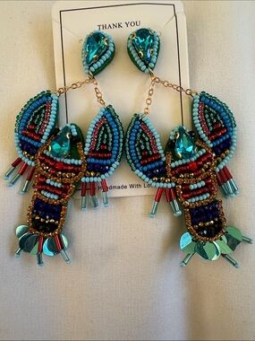 Handmade Lobster Turquoise Beaded Statement Earrings - Women Jewelry